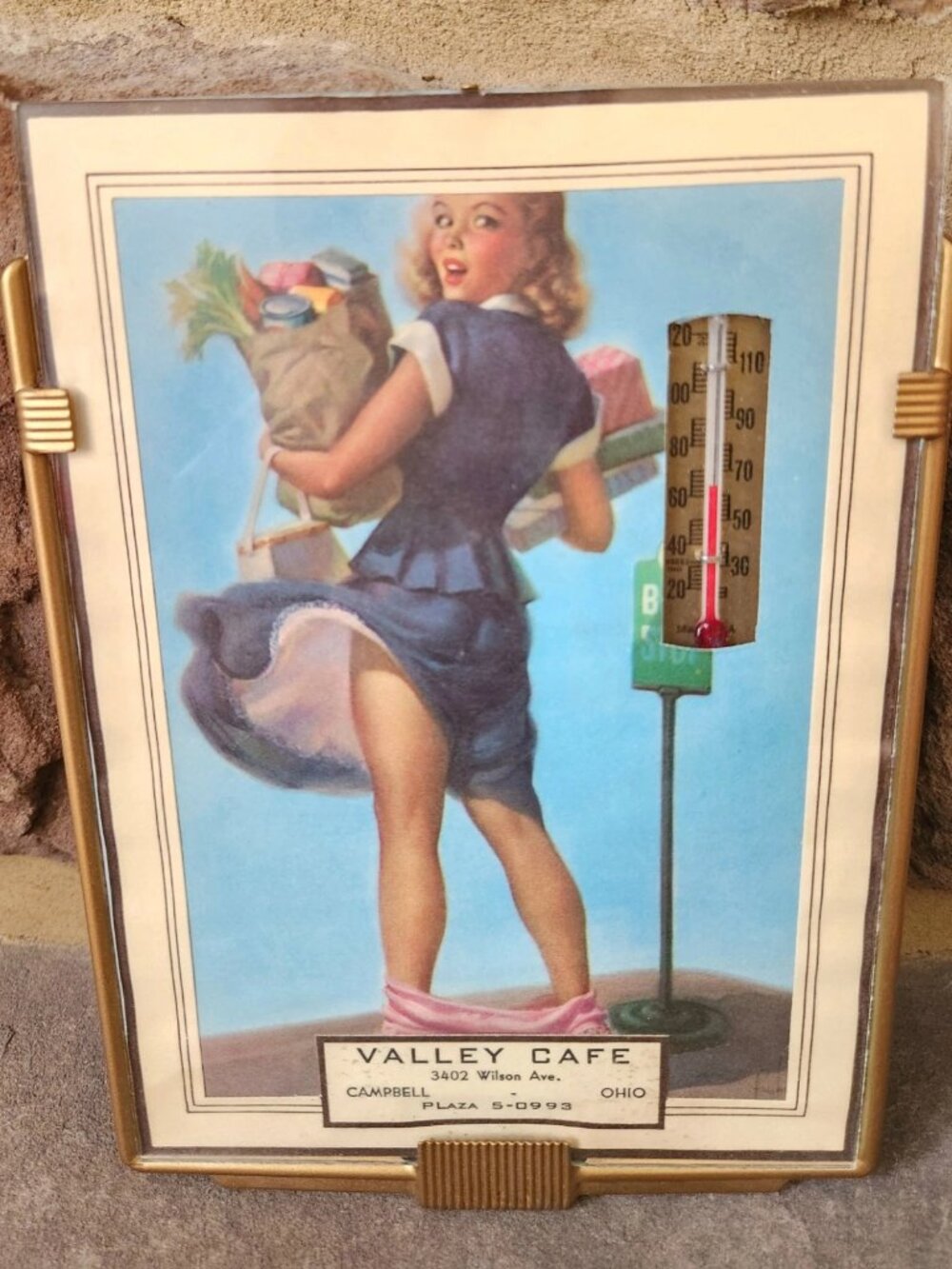 VTG 1955 Pin-Up Girl Calendar Thermometer Valley Cafe Campbell Ohio Peek-A-Boo